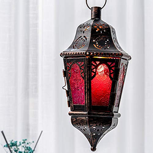 DECORKEY Lantern Decorative Indoor & Outdoor, 13.6’’ Moroccan Style Vintage Decorative Hanging Lantern with Chian for Home Porch Patio Decor, Metal Christmas Halloween Ramadan Candle Holders(Purple) - Image 2