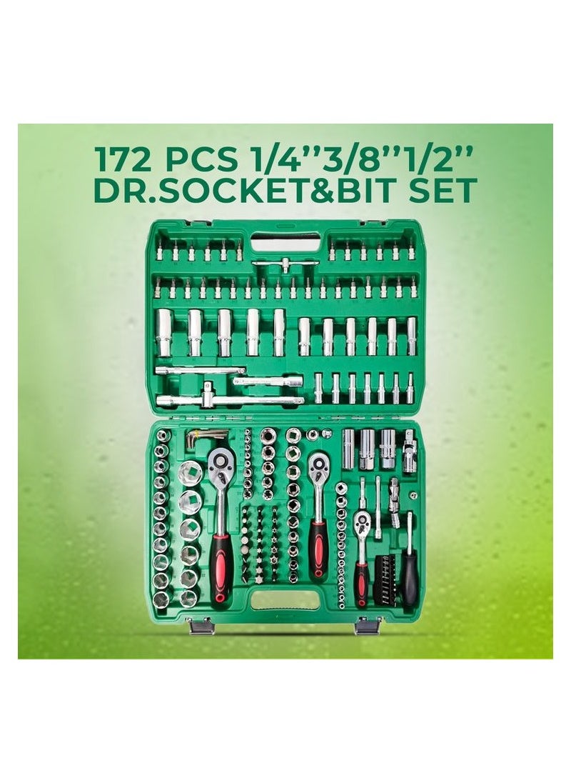 172 Pcs Wrench Tool Set Screwdriver Bit Set Box Spanner Set 1/4 3/8 1/2 DR.Socket Bit Set Industrial Grade CrV Steel