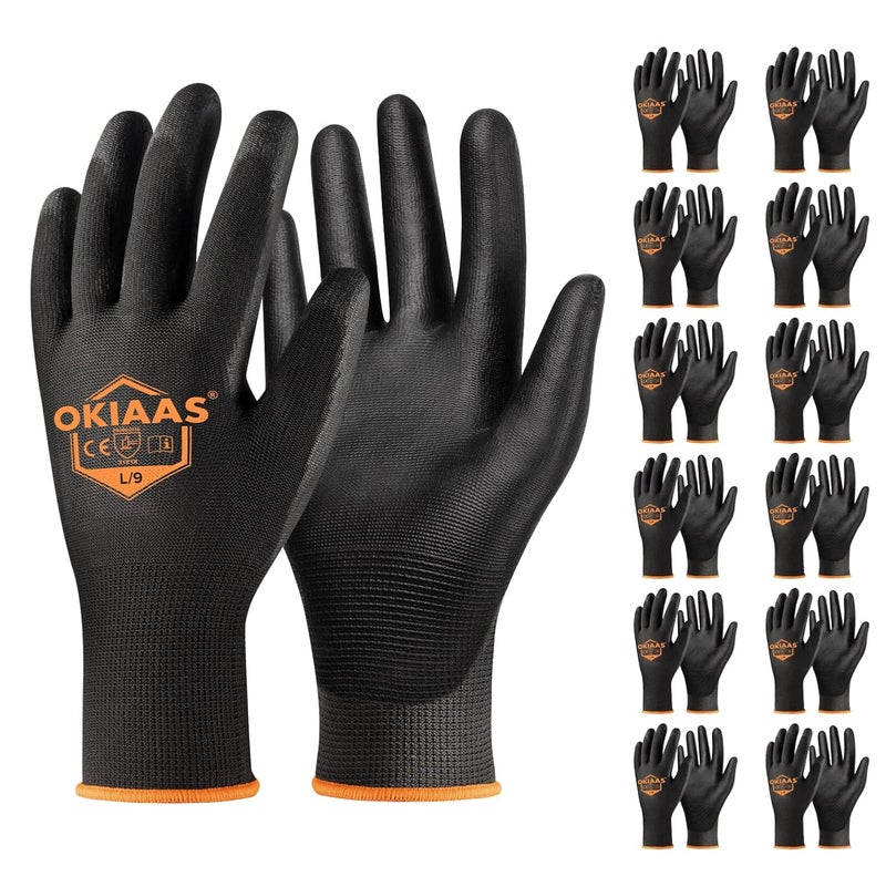 OKIAAS Work Gloves for Men,Ultra Thin and Lightweight Working Gloves with Grip,12 Pairs Bulk Pack Construction Gloves with Polyurethane Coating,Safety Gloves for Light Duty Work (Black, Large) - Image 1
