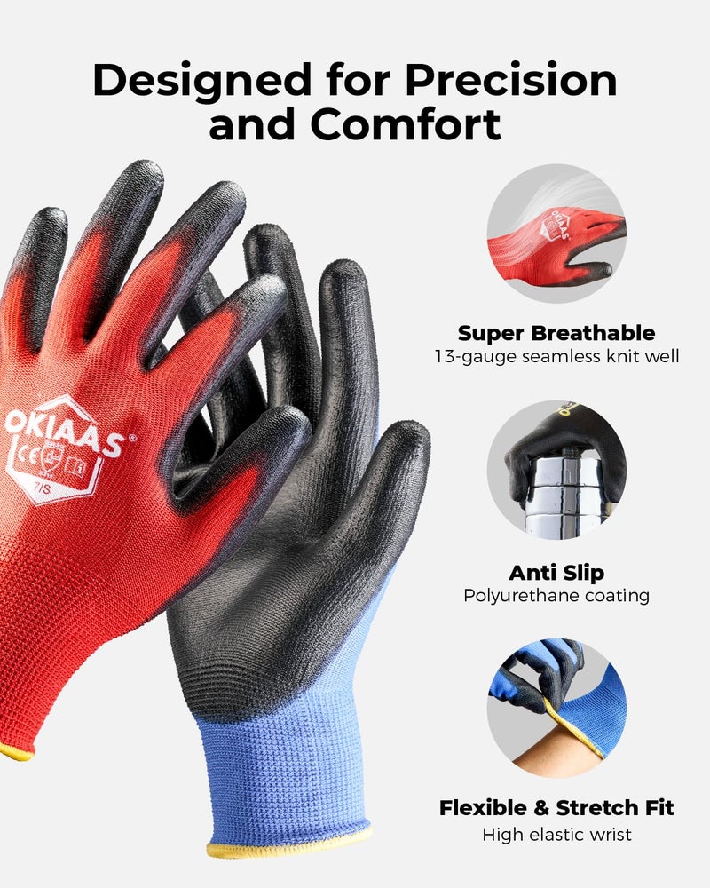 OKIAAS Work Gloves for Men,Ultra Thin and Lightweight Working Gloves with Grip,12 Pairs Bulk Pack Construction Gloves with Polyurethane Coating,Safety Gloves for Light Duty Work (Black, Large) - Image 2