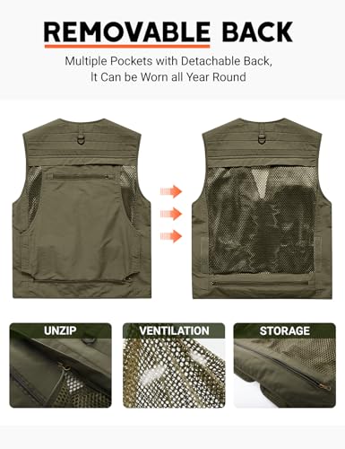 PEHMEA Men's Fishing Vest Utility Detachable Summer Vests with Pockets for Safari Travel Outdoor Work Photo Cargo Fly(Army Green-XL) - Image 3