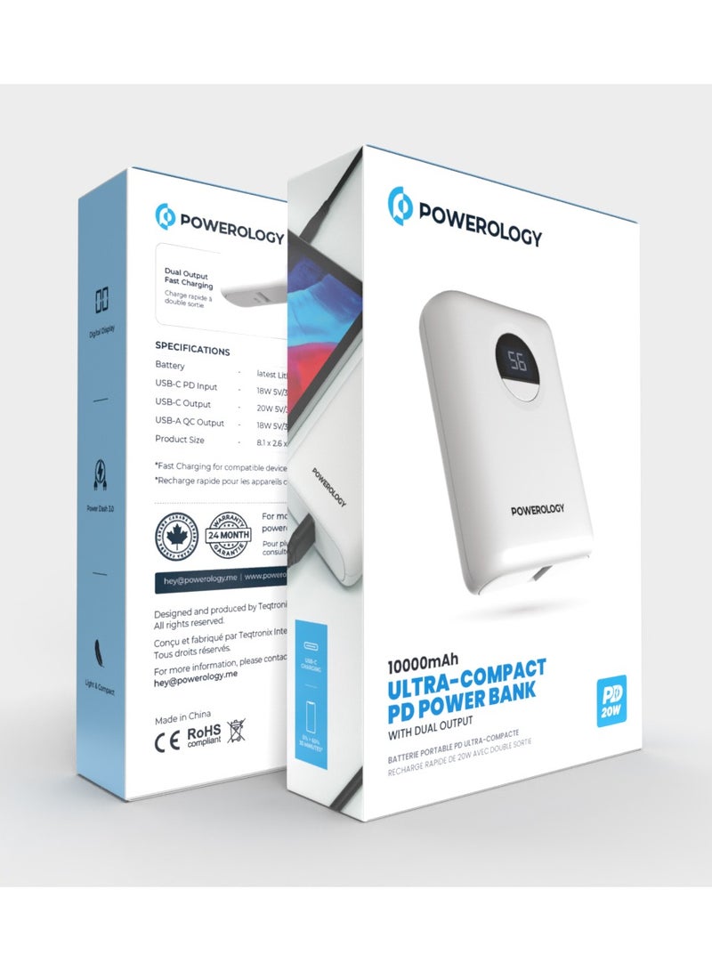 Powerology 10000mAh Portable Power Bank Portable/ Fast Charging/ Slim Design/Power Dash 3/ Digital Display - White - Image 3