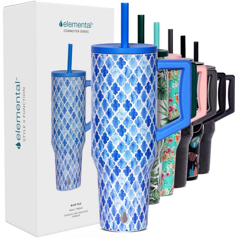 Elemental 40 oz Tumbler with Handle and Straw  Spill Proof Insulated Stainless Steel Commuter for Hot and Cold Beverages  Travel Coffee Mug with 2 Straws  Spill Proof Lid  40oz  Blue Tile