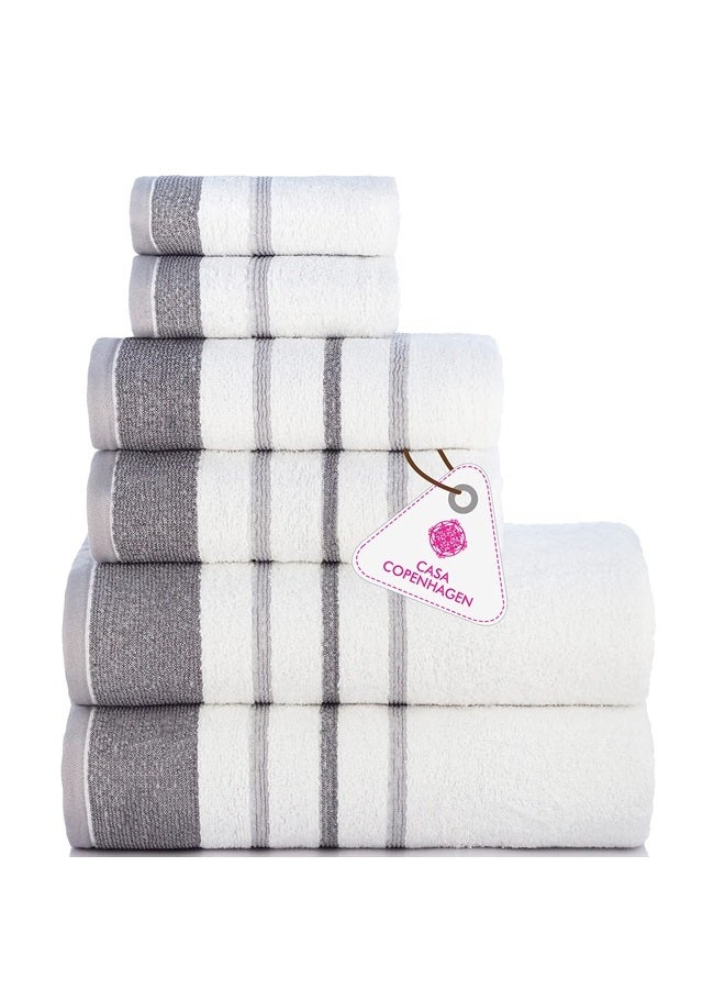CASA COPENHAGEN White Bay 600 GSM Egyptian Cotton Towel for Hotel Spa Kitchen Bathroom, Set of 6, 2Bath, 2Hands, 2Washcloths - White with Dark Grey Light Grey Border 