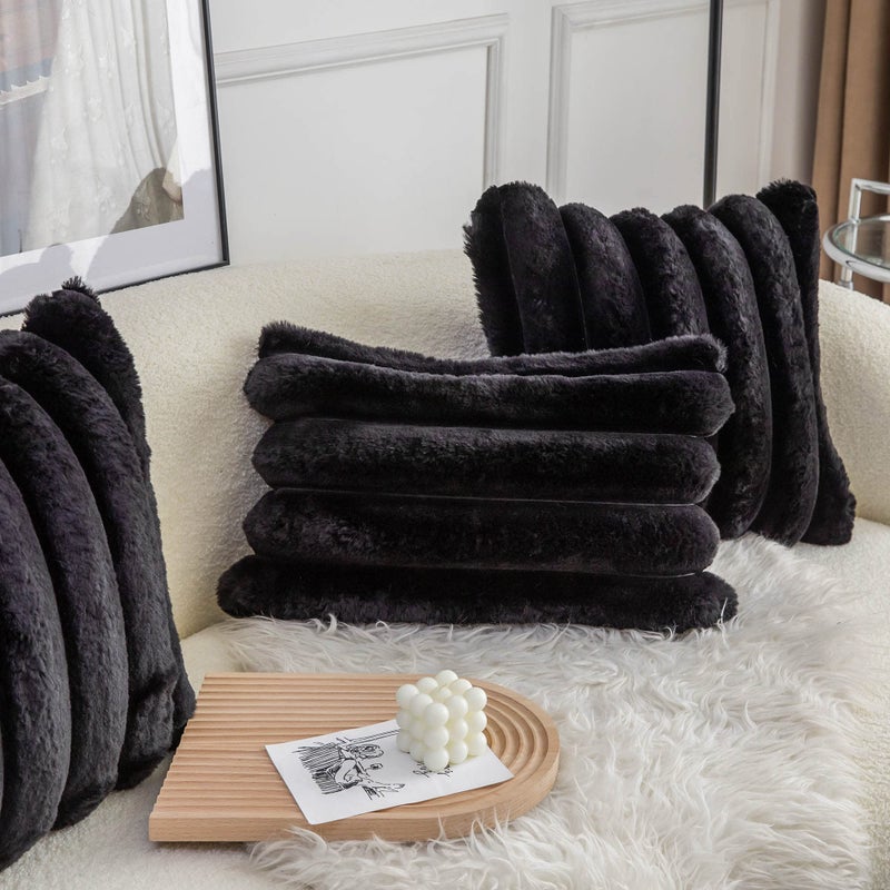 Neelvin Black Faux Fur Fur Dozy Soft Striped Decorative Conval Coverence 16 × 16 بوصة مجموعة من 2 حالة وسادة وسادة مخملية لأريكة الأريكة - Image 3