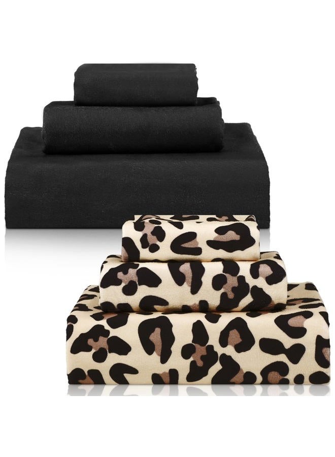Yoande 6 Piece Towel Set Includes 2 Bath Towels 2 Hand Towels 2 Washcloths, Soft Absorbent Hand Towels Decorative Guest Towel Bathroom Towel Set (Brown Leopard Print and Black) - Image 1