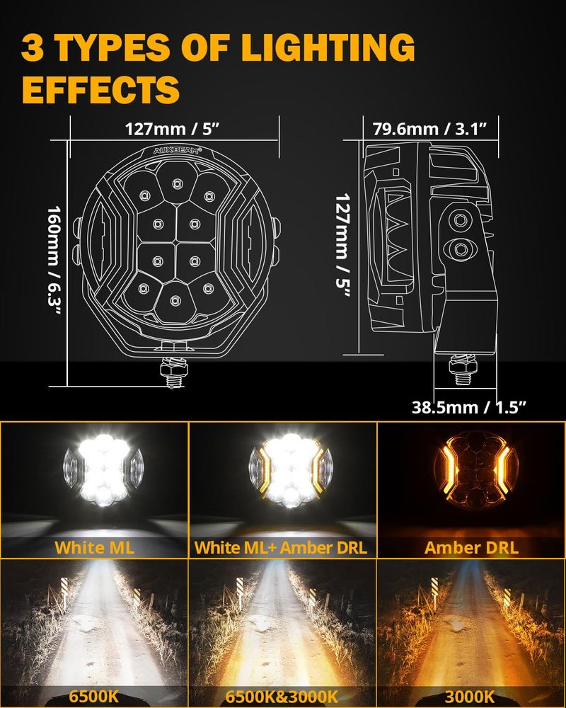 Auxbeam أوكسبيم 5 إن سلسلة V-Ultra 172 واط مصابيح LED، مصابيح قيادة دائرية للطرق الوعرة مع ضوء نهاري برتقالي، نطاق واسع 270° شعاع ضوء أبيض فائق السطوع مع غطاء أسود - 2 قطعة - Image 3