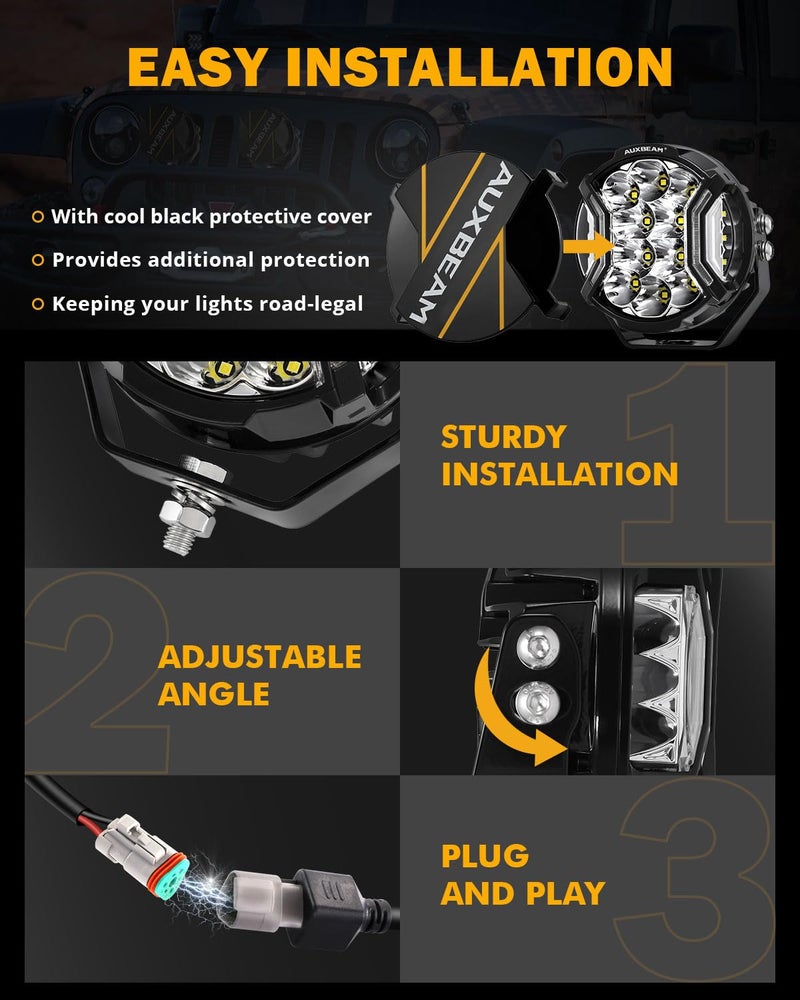 Auxbeam أوكسبيم 5 إن سلسلة V-Ultra 172 واط مصابيح LED، مصابيح قيادة دائرية للطرق الوعرة مع ضوء نهاري برتقالي، نطاق واسع 270° شعاع ضوء أبيض فائق السطوع مع غطاء أسود - 2 قطعة - Image 5