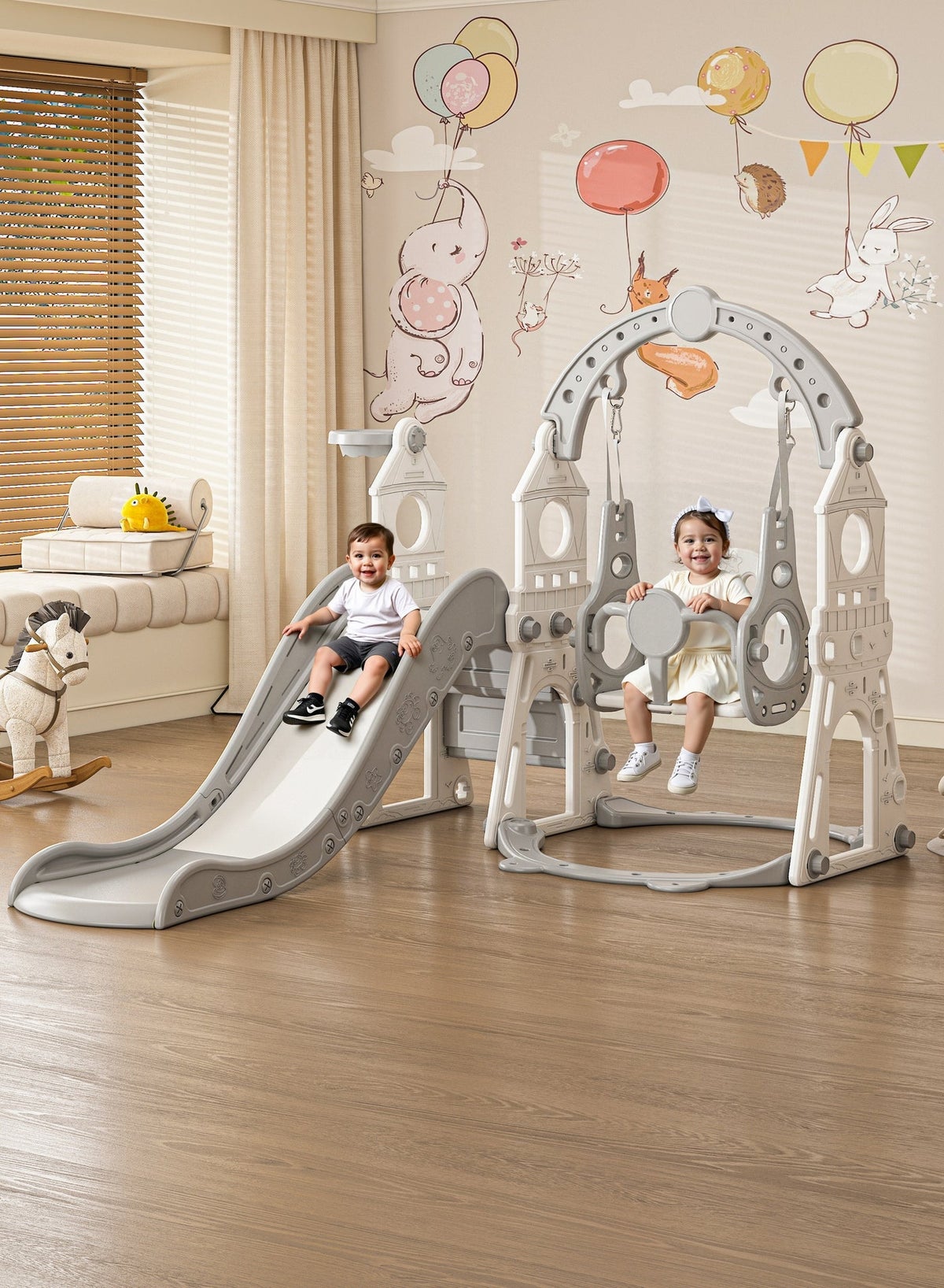 Sliding Riyadh Pokuula Kids Slide and Swing Set With Basketball Hoop, 3-In-1 Kids Play ...