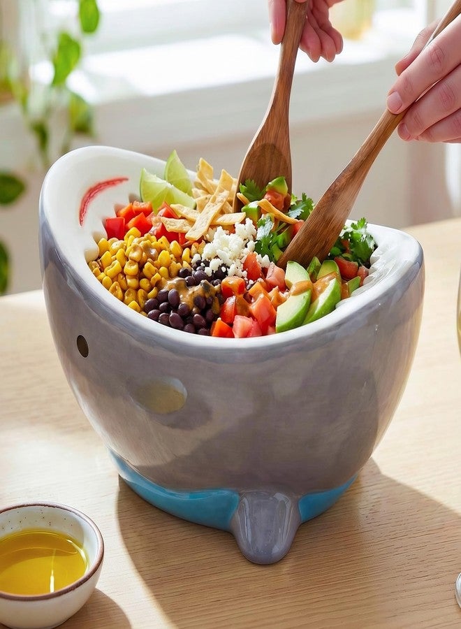 Glazery 40 oz Large Shark Salad Bowl, Handmade Fruit Bowls for Kitchen Counter, Decorative Key Bowl Cute Ceramic Ramen Popcorn Snack Candy Serving Bowls, Unique Funny Shark Gifts Birthday Party Decorations - Image 1