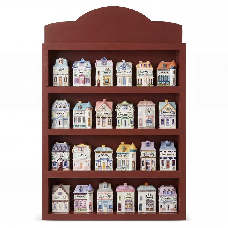Chunful Vintage Spice Village Wooden Rack 22 x 17 x 4 Inches Wood Color Display Rack with 4 Shelves for Wall Mounting Kitchen Storage Spice Village Display Shelf for 24 Jars, Shelf Only - Image 1