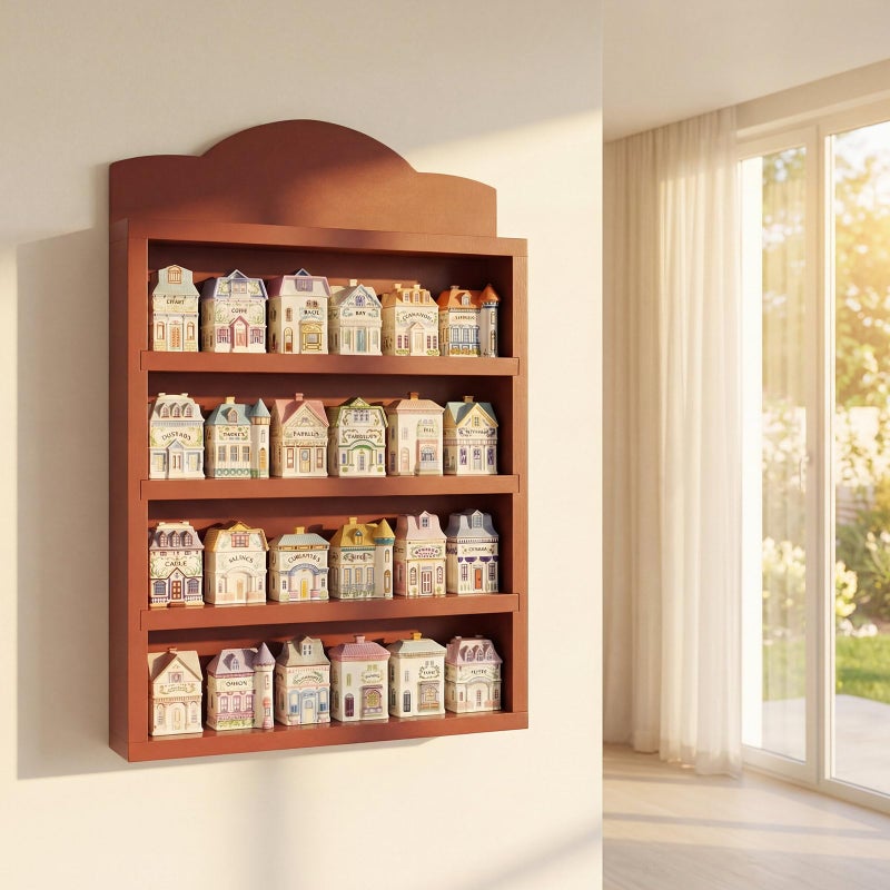 Chunful Vintage Spice Village Wooden Rack 22 x 17 x 4 Inches Wood Color Display Rack with 4 Shelves for Wall Mounting Kitchen Storage Spice Village Display Shelf for 24 Jars, Shelf Only - Image 2