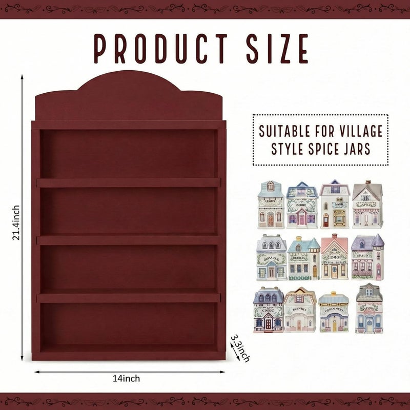 Chunful Vintage Spice Village Wooden Rack 22 x 17 x 4 Inches Wood Color Display Rack with 4 Shelves for Wall Mounting Kitchen Storage Spice Village Display Shelf for 24 Jars, Shelf Only - Image 3