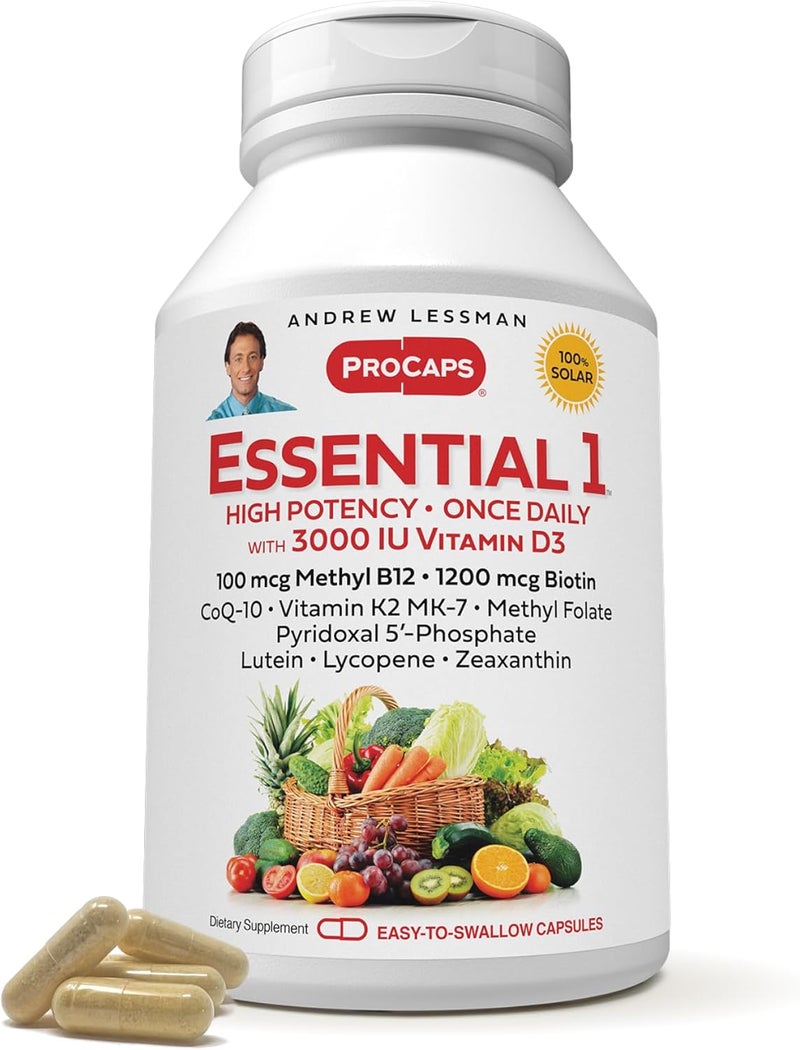 ANDREW LESSMAN Essential1 Multivitamin 3000 IU Vitamin D3 180 Small Capsules  100 mcg Methyl B12 CoQ10 Lutein Lycopene Zeaxanthin High Potency No Additives UltraMild One Daily Capsule - Image 1
