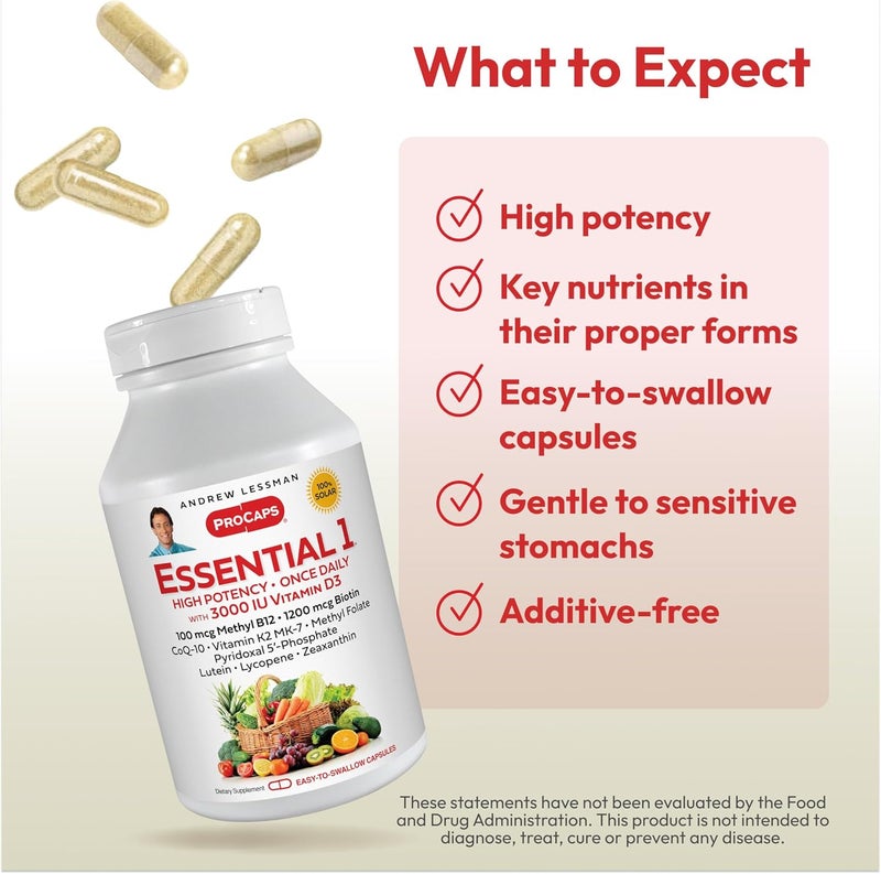 ANDREW LESSMAN Essential1 Multivitamin 3000 IU Vitamin D3 180 Small Capsules  100 mcg Methyl B12 CoQ10 Lutein Lycopene Zeaxanthin High Potency No Additives UltraMild One Daily Capsule - Image 4