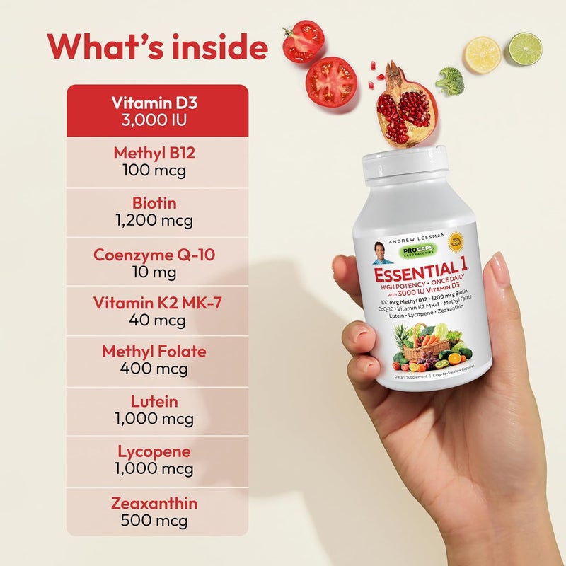 ANDREW LESSMAN Essential1 Multivitamin 3000 IU Vitamin D3 180 Small Capsules  100 mcg Methyl B12 CoQ10 Lutein Lycopene Zeaxanthin High Potency No Additives UltraMild One Daily Capsule - Image 3