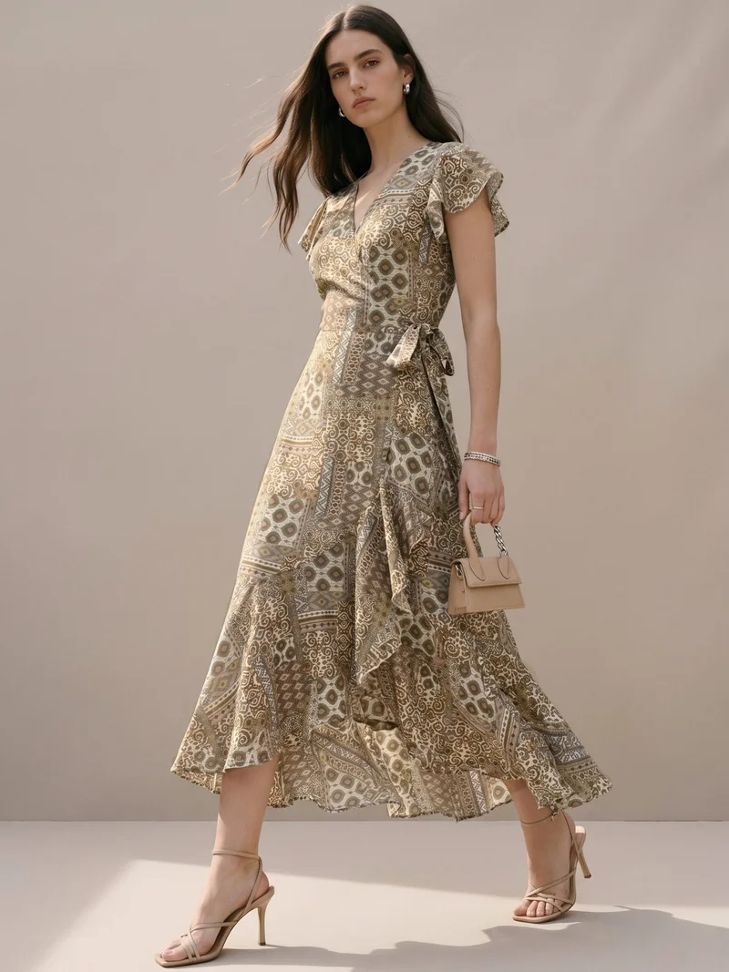 Outzidr earthy tones Green Flowy Floral Printed Dress for Women | Best Price UAE