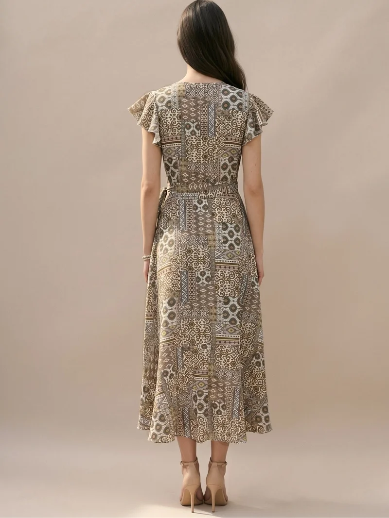 Outzidr earthy tones Green Flowy Floral Printed Dress for Women | Best Price UAE