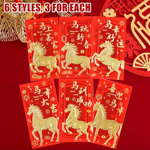 Tyalfrich Chinese New Year Red Envelopes, Lunar New Year Envelopes Decorations Gifts 2026, Year of the Horse Red Envelope New Years Eve Party Supplies Lucky Money Envelope with 6 Gold Embossed Patterns - 18 Pcs - Image 5