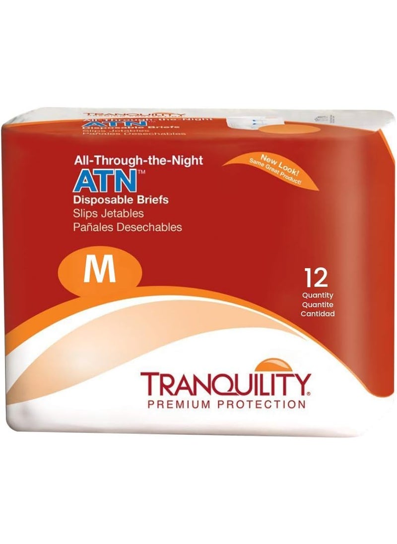Tranquility Premium ATN Disposable Briefs with Tabs, Overnight Protection Superabsorbent Core for Leak-Free and Full-Fit Comfort, Medium 12ct Bag