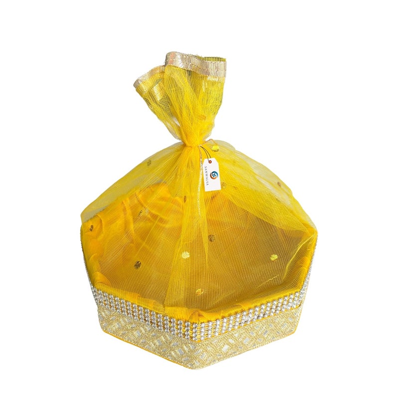 SANWALSA (Large, 12x12x2 inch, Hexagon, Yellow-Stone Lace) MDF Base Designer Gift Hamper Packaging Baskets with Net Cover, Gift Hamper Organiser Perfect for Any Occasion - Image 1