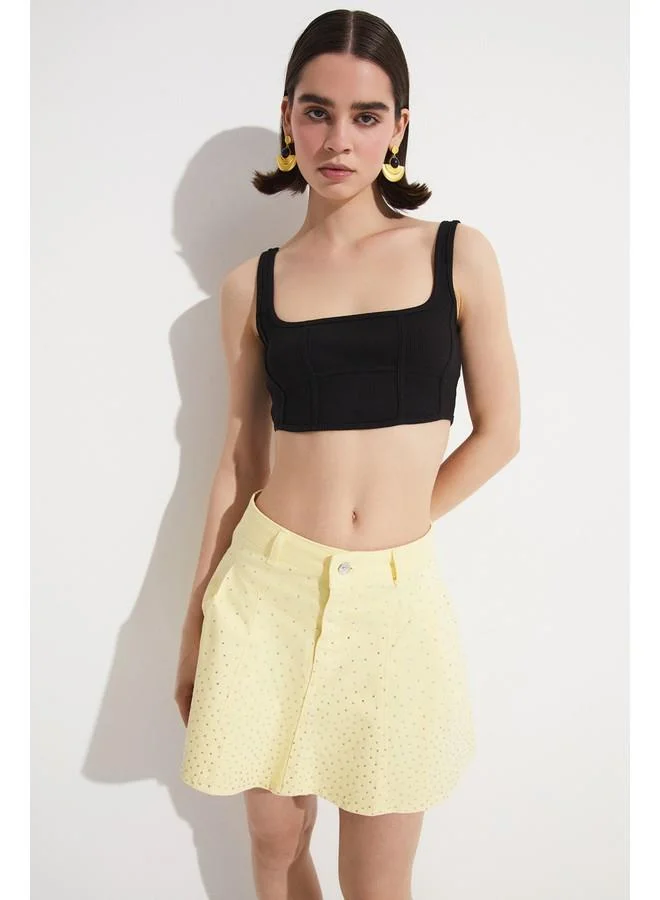 JUNE June Women Fitted Stitching Detailed Camisole Crop Top Blouse Black