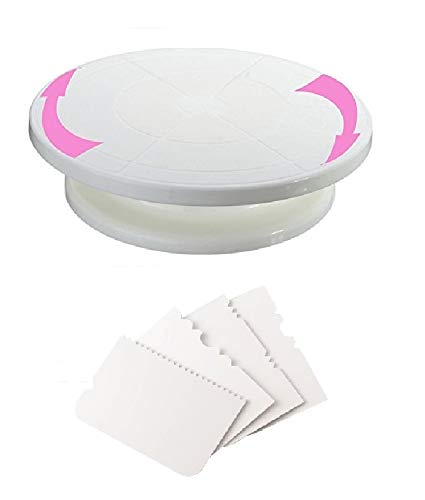 Inditradition Popular Combo Cake Turntable Revolving Cake Decorating Stand & Cake Scraper Fondant Set, 28 cm, White - Image 1
