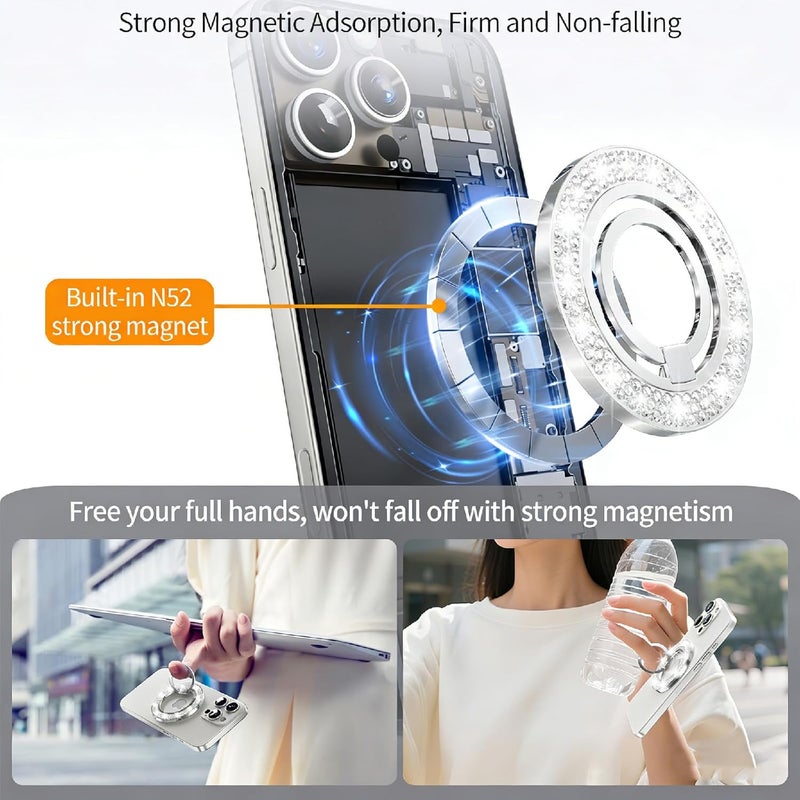 جابي Magnetic Phone Ring, for MagSafe Grip - 360° [Super Magnet] Stylish Ring Holder Stand with [Upgrade Gear Hinge], for iPhone 17 16 15 14 Pro Max Air, with Glitter Diamond Silver - Image 4