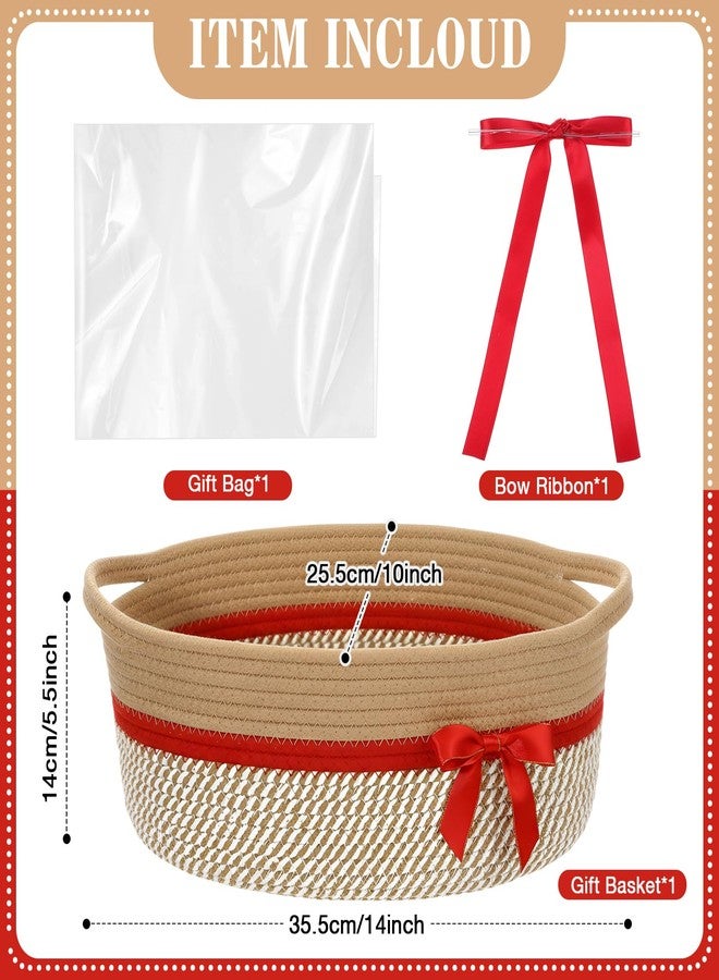 Colingmill Woven Christmas Gift Basket Empty with Ribbons Bow Tie and Bag, Empty Decorative Chest Box, 14" X10" x 5.5", Woven Rope Basket Storage for Gifts with Handles Home Decor(Brown Red) - Image 2