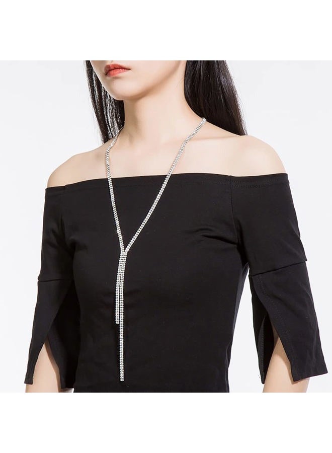 Gleamart Long Necklace for Women Rhinestone Sweater Chain Silver 04 - Image 2