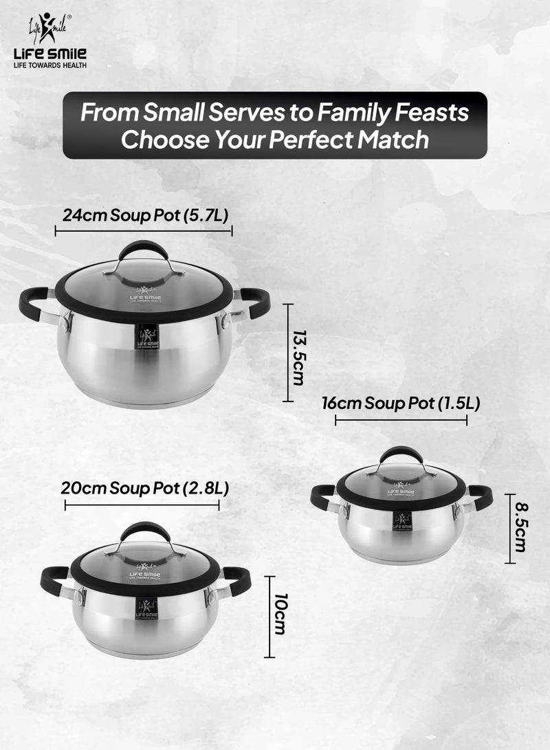 Life Smile 6-Piece Stainless Steel Cookware Set | 18/10 Premium Steel Pots with Silicone Handles | Includes 16cm,20cm &24cm Casseroles with Lids | 100% PFOA-Free Cooking Pot Set - Image 3