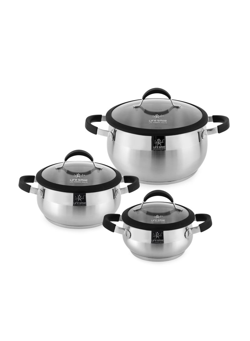 Life Smile 6-Piece Stainless Steel Cookware Set | 18/10 Premium Steel Pots with Silicone Handles | Includes 16cm,20cm &24cm Casseroles with Lids | 100% PFOA-Free Cooking Pot Set - Image 1