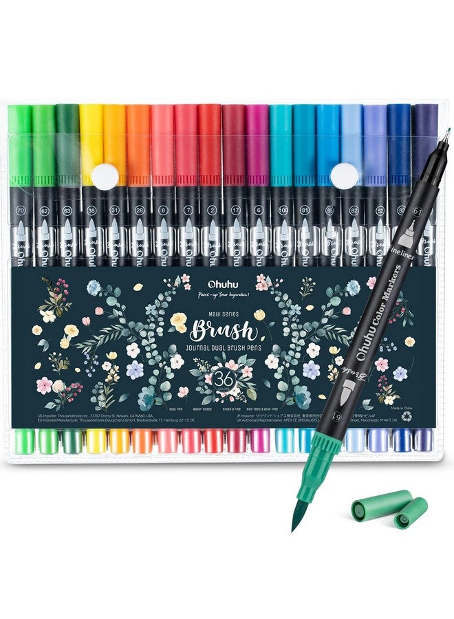 Ohuhu 36 Colors Art Markers, Dual Tips Coloring Brush Marker Fineliner Color Pens, Water Based Marker for Calligraphy Drawing Sketching Coloring Book Bullet Journal, 36 Colours Black Package - Image 1