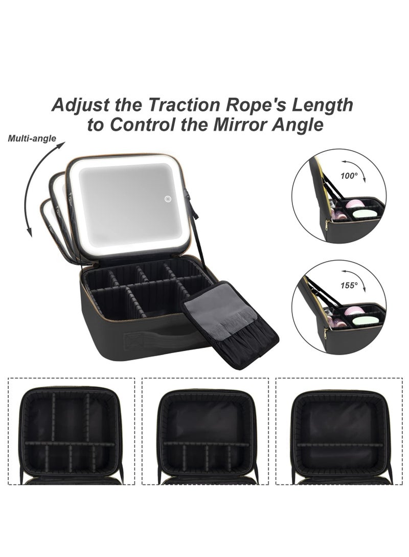 Loquat Makeup Bag with Mirror of LED Lighted and Detachable 20x Magnifying Mirror, Cosmetic Bag Organizer with Adjustable Dividers 26*23*10.8CM (Black) - Image 3