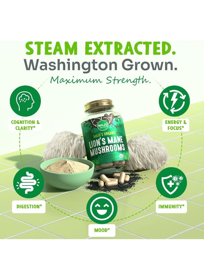 Maju Superfoods MAJU Organic Lions Mane Mushroom Capsules 90ct, Fruiting Bodies Steam Extract, Organic Mushrooms w/Black Pepper Extract, Hericium Erinaceus  - Image 3