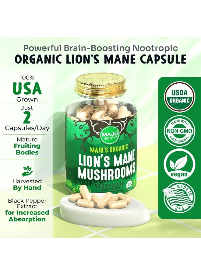 Maju Superfoods MAJU Organic Lions Mane Mushroom Capsules 90ct, Fruiting Bodies Steam Extract, Organic Mushrooms w/Black Pepper Extract, Hericium Erinaceus  - Image 2