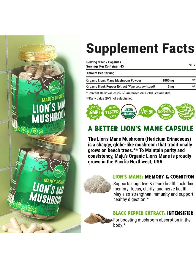 Maju Superfoods MAJU Organic Lions Mane Mushroom Capsules 90ct, Fruiting Bodies Steam Extract, Organic Mushrooms w/Black Pepper Extract, Hericium Erinaceus  - Image 5