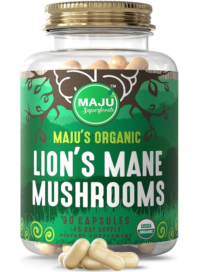 Maju Superfoods MAJU Organic Lions Mane Mushroom Capsules 90ct, Fruiting Bodies Steam Extract, Organic Mushrooms w/Black Pepper Extract, Hericium Erinaceus  - Image 1