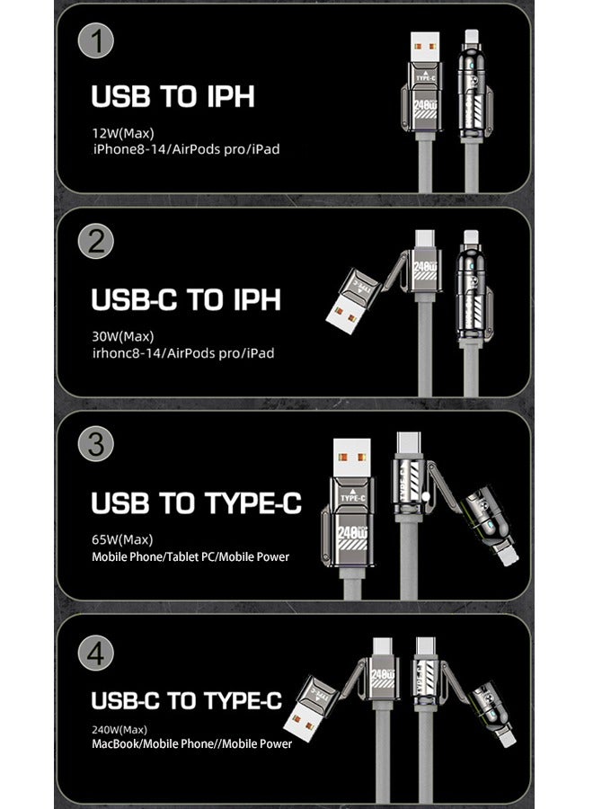 4-in-1 Multi Charging Cable，240W Fast Charging Cable，USB to IPH/USB-C to IPH/USB to Type C/USB-C to Type C，for iPhone16/15/14/13/12 Series/MacBook/iPad/Samsung/Huawei/ Laptop And More (Grey,1M)  - Image 2