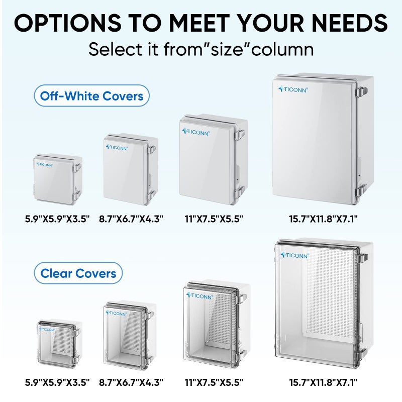 TICONN Waterproof Electrical Junction Box IP67 ABS Plastic Enclosure with Hinged Cover with Mounting Plate, Wall Brackets, Cable Glands (Clear, 8.7"x6.7"x4.3") - Image 3