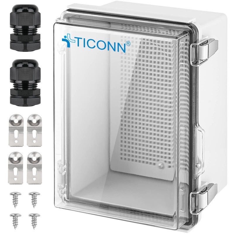 TICONN Waterproof Electrical Junction Box IP67 ABS Plastic Enclosure with Hinged Cover with Mounting Plate, Wall Brackets, Cable Glands (Clear, 8.7"x6.7"x4.3") - Image 1
