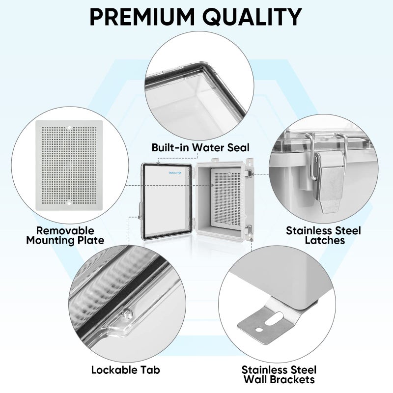 TICONN Waterproof Electrical Junction Box IP67 ABS Plastic Enclosure with Hinged Cover with Mounting Plate, Wall Brackets, Cable Glands (Clear, 8.7"x6.7"x4.3") - Image 4