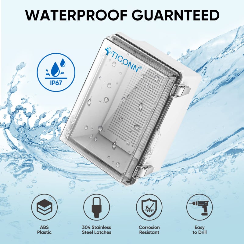 TICONN Waterproof Electrical Junction Box IP67 ABS Plastic Enclosure with Hinged Cover with Mounting Plate, Wall Brackets, Cable Glands (Clear, 8.7"x6.7"x4.3") - Image 2