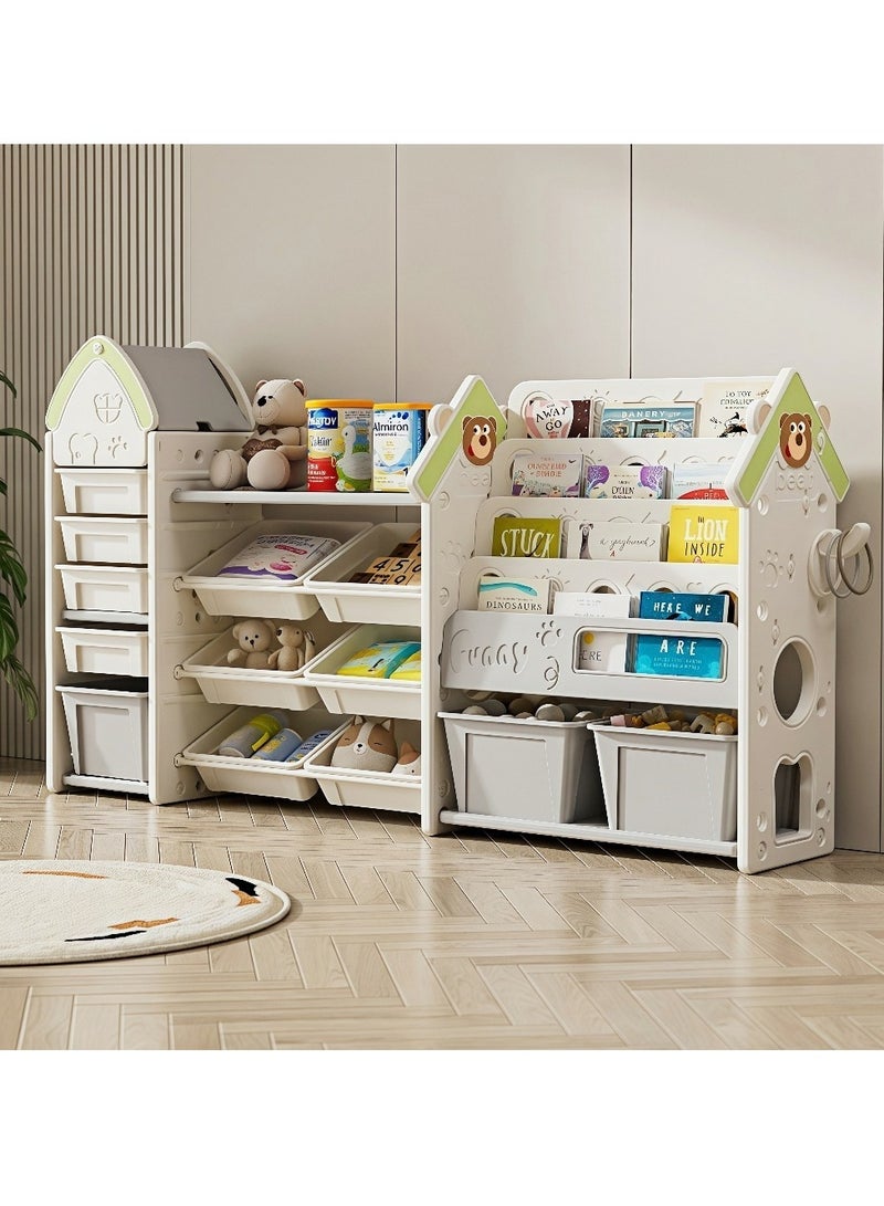 Generic Kids Toy Storage Organizer and Children Bookshelf,Small House Shape Toy Storage Rack with 14 Compartments & 4-Tier Bookshelf, Drawers Multipurpose Shelf for Toddlers to Organize Books and Toys  - Image 1