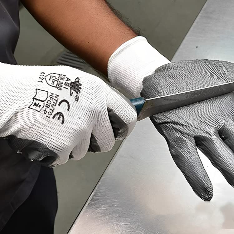SR Trends Anti-Cut Premium Full Fingered Nitrile Coated Nylon Safety Hand Gloves (Grey & White) (4 Pair)  - Image 4