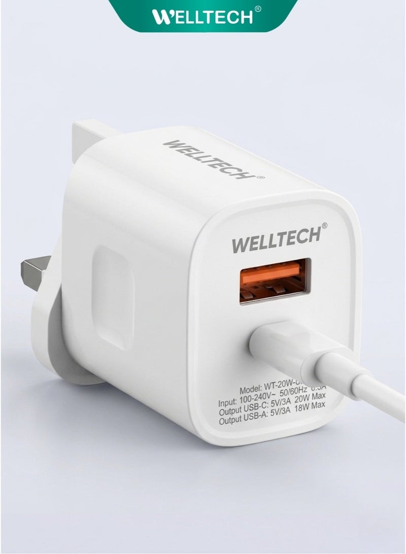 WELLTECH 38W Fast Charger USB C PD QC3.0 Power Adapter Dual Port Wall Charger Fast Charging for iPhone Samsung Android Compact Travel Charger WELLTECH HC12 - Image 1