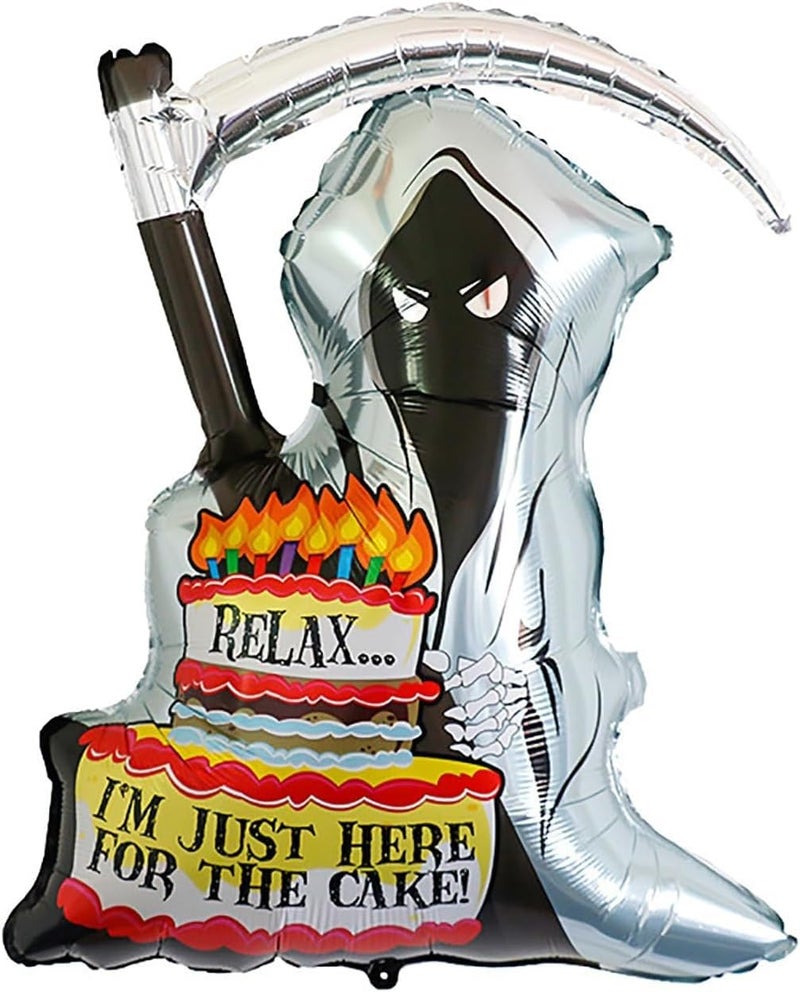 Atpata Funky Spooky "Relax, I'm Just Here for the Cake" Grim Reaper Foil Balloon - Perfect for Halloween-Themed Birthday Parties, Durable and Hilariously Haunting Décor! - Image 4