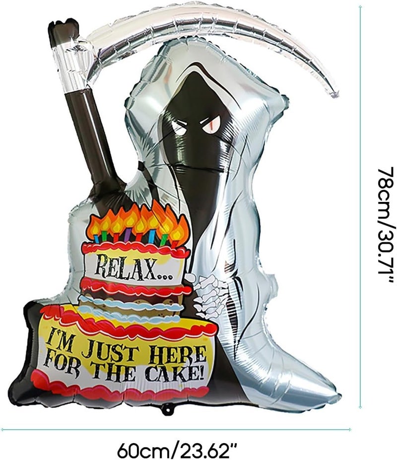 Atpata Funky Spooky "Relax, I'm Just Here for the Cake" Grim Reaper Foil Balloon - Perfect for Halloween-Themed Birthday Parties, Durable and Hilariously Haunting Décor! - Image 2