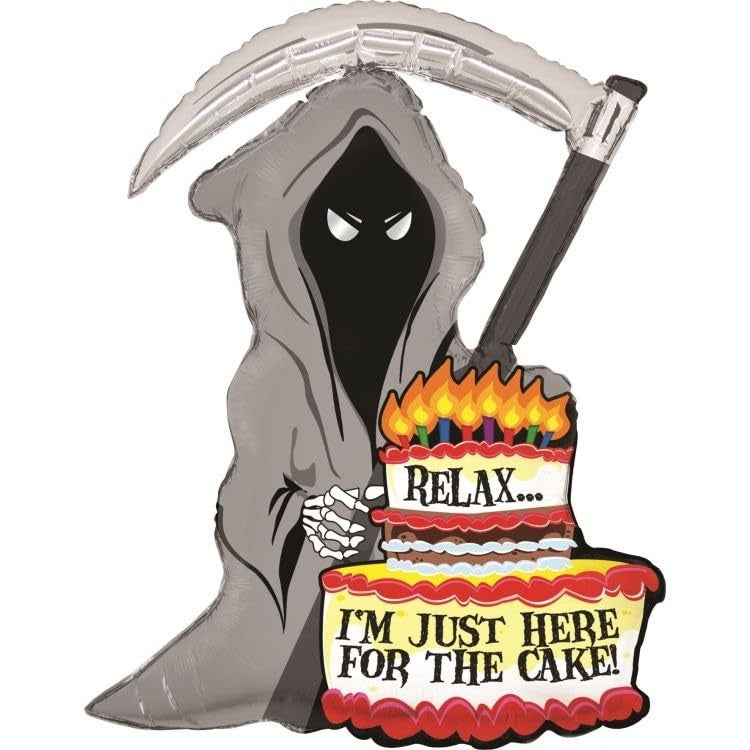 Atpata Funky Spooky "Relax, I'm Just Here for the Cake" Grim Reaper Foil Balloon - Perfect for Halloween-Themed Birthday Parties, Durable and Hilariously Haunting Décor! - Image 3