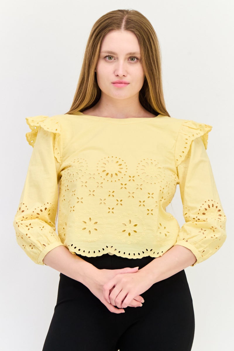 ONLY Women V Neck Three Quarter sleeve Floral Pattern  Blouses, Light Yellow  - Image 1